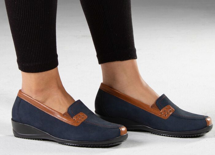 Waldl&auml;ufer, bequeme Damen-Slipper, Weite H, mit herausnehmbarem Fussbett MARINE-COGNAC
