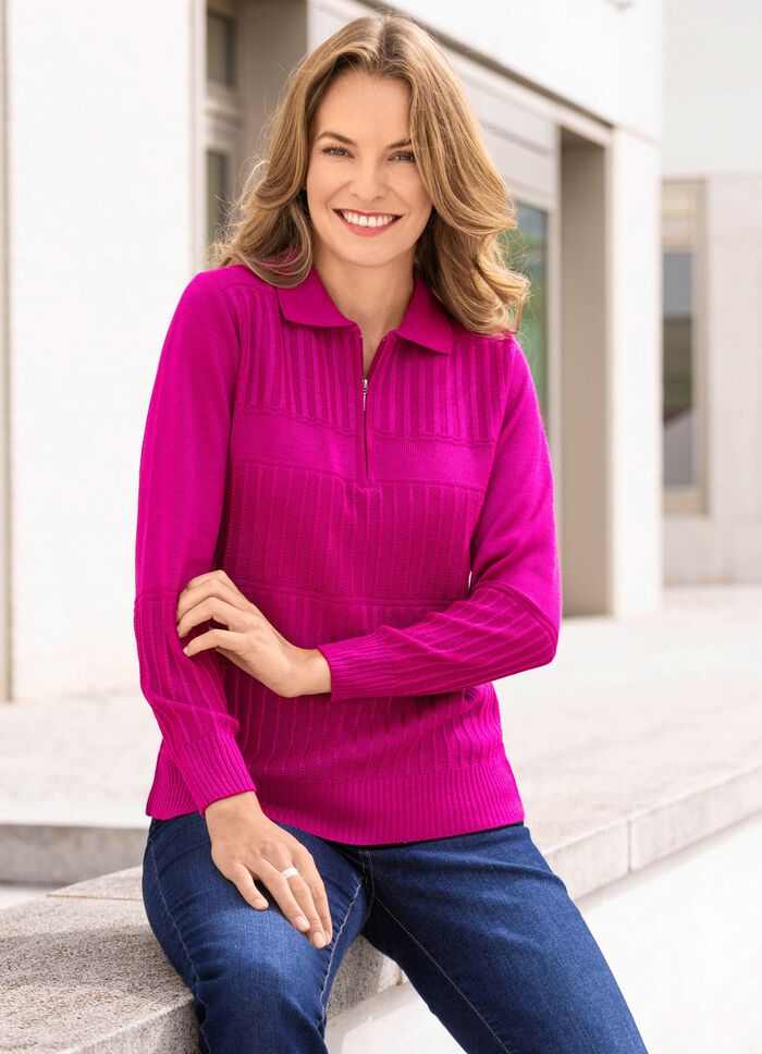 Pullover mit streckenden Strukturstreifen FUCHSIA
