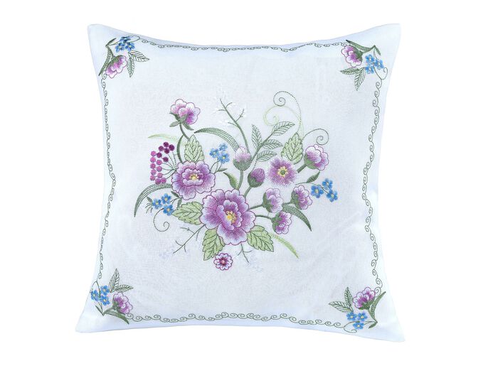 Tischdecke oder Kissenbezug mit Bl&uuml;ten-Stickerei WEISS-BUNT