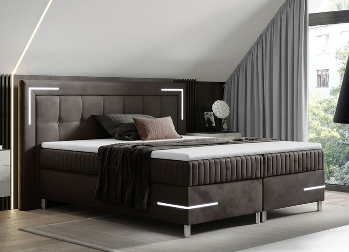 Boxspringbett mit LED-Beleuchtung und Topper BRAUN