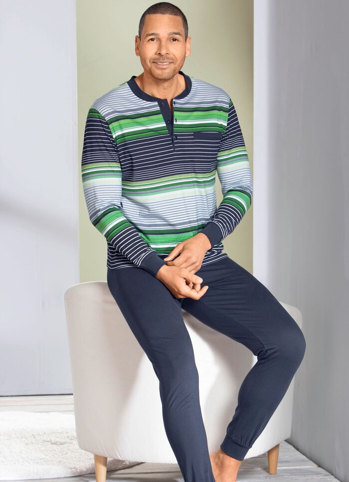 Schlafanzug mit Knopfleiste, aufgesetzter Brusttasche und B&uuml;ndchen 