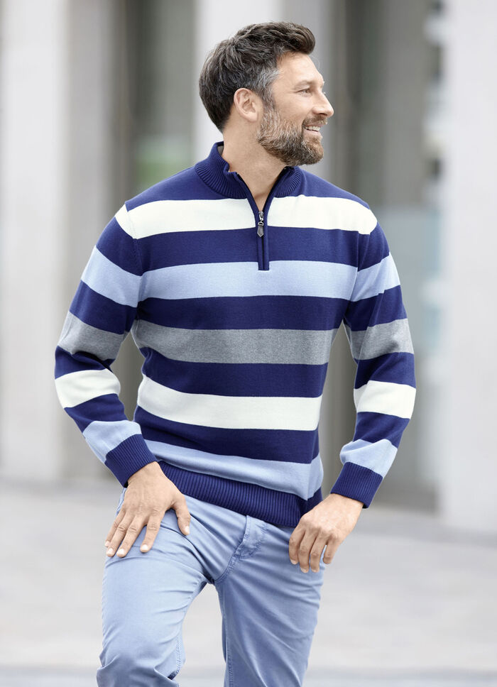 Gestreifter Troyer mit kurzem Reissverschluss MARINE-BLEU-ECRU