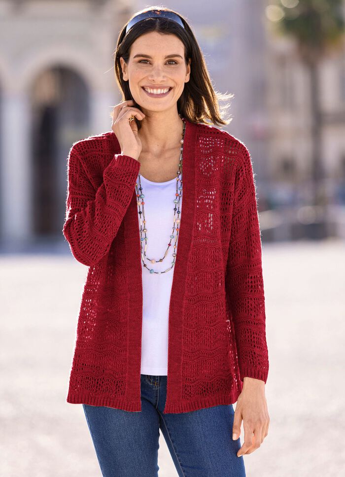 Strickjacke in feinem Netzstrick KIRSCHROT