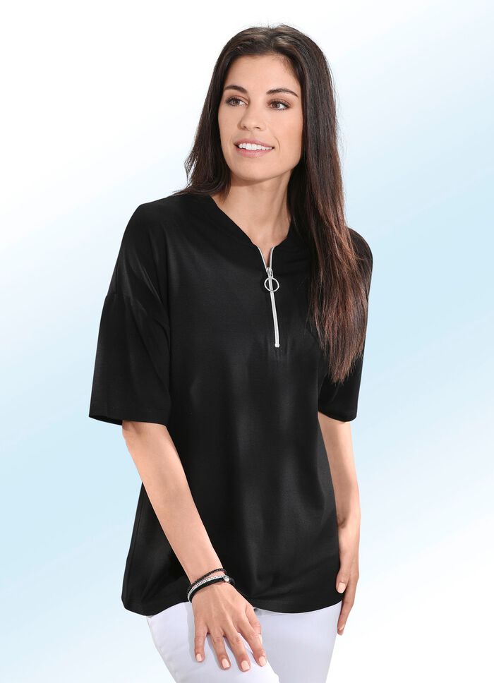 Shirt mit kurzem Reissverschluss in 3 Farben SCHWARZ