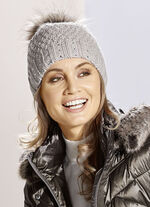 Mütze mit dezenten Glitzersteinchen und Kunstfell-Bommel NATUR