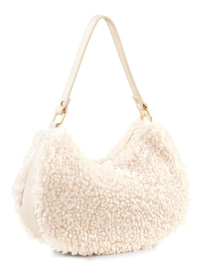 Laurina Tasche aus kuscheligem Teddy-Pl&uuml;sch und genarbtem Kalbleder ECRU