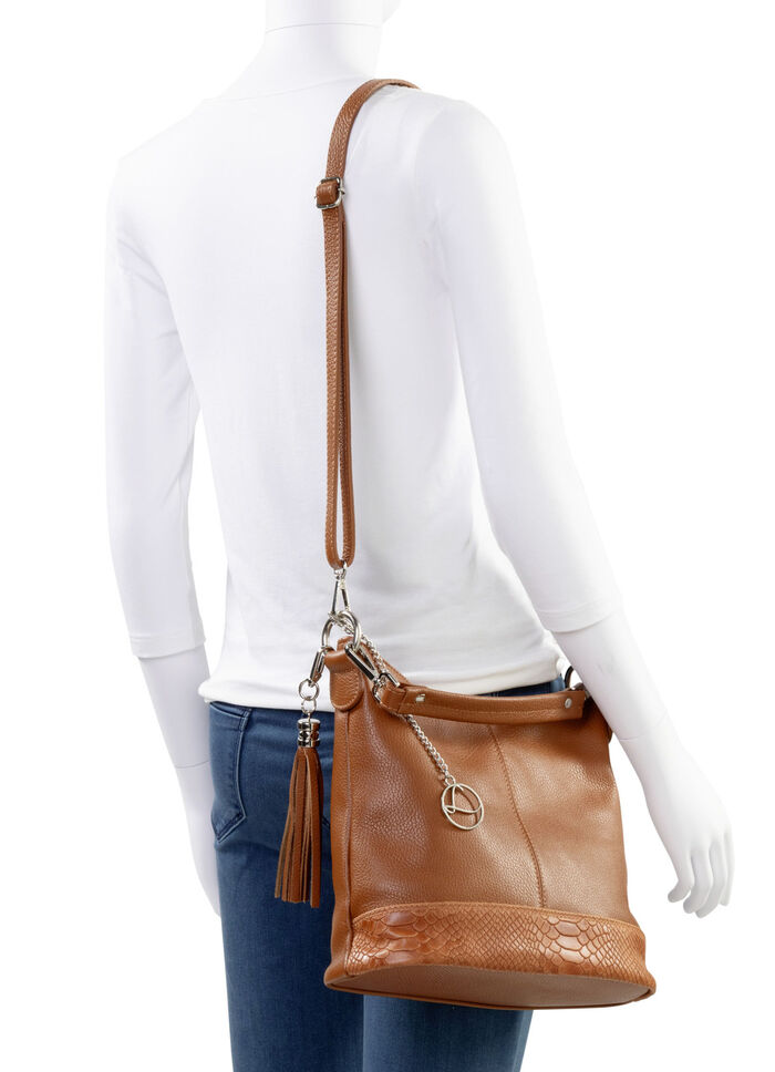 Laurina Kalbleder-Tasche mit reptilgepr&auml;gtem Besatz COGNAC