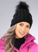 Grobstrick-M&uuml;tze mit breitem Umschlag und Kunstfell-Bommel SCHWARZ