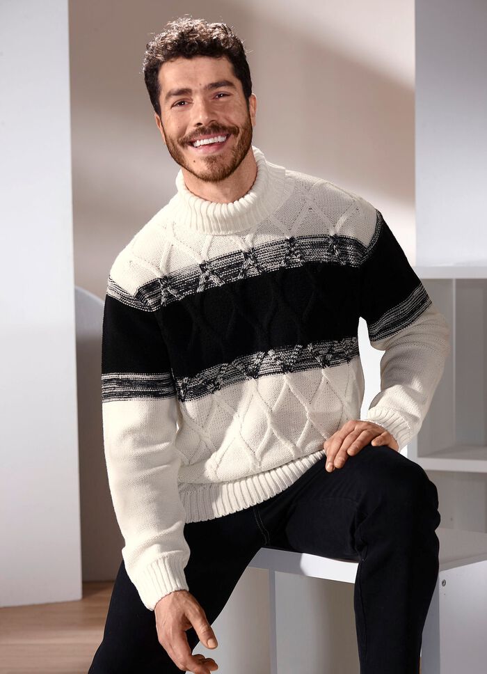 Rollkragenpullover mit Zopfmuster NATUR-SCHWARZ