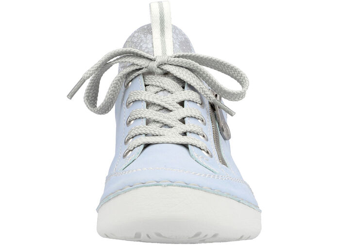 Rieker Schnürschuh aus floral bedrucktem Textilmaterial mit Metallicschimmer HELLBLAU-GRAU