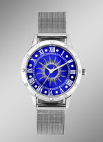 Silberfarbene Damenuhr mit Sonnenmotiv und Kristallakzenten 