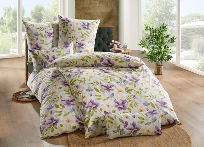 Fein-Renforc&eacute; Bettw&auml;sche aus 100% Baumwolle CREME-FLIEDER