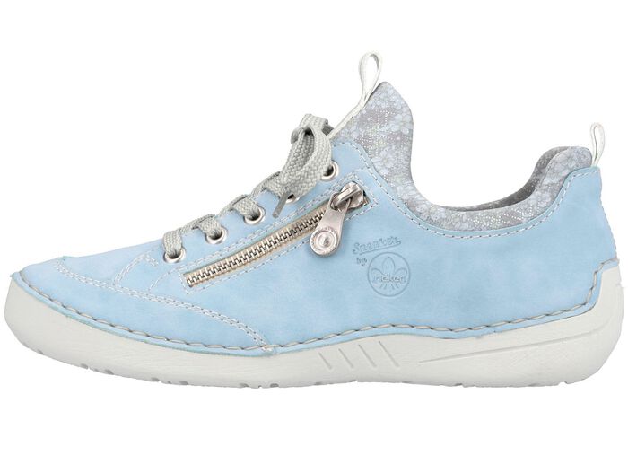 Rieker Schn&uuml;rschuh aus floral bedrucktem Textilmaterial mit Metallicschimmer HELLBLAU-GRAU