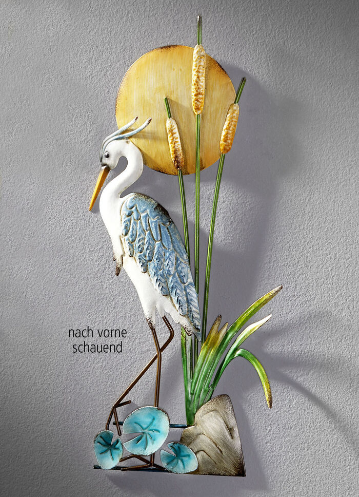 Wanddekoration Fischreiher, von Hand bemalt BLAU-WEISS