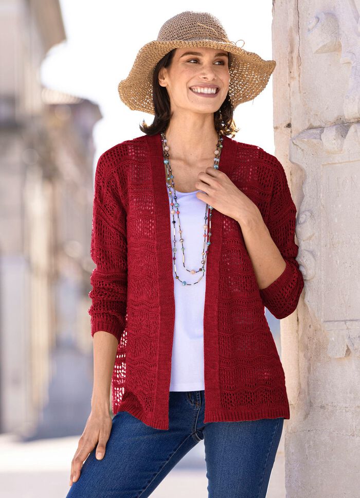 Strickjacke in feinem Netzstrick KIRSCHROT