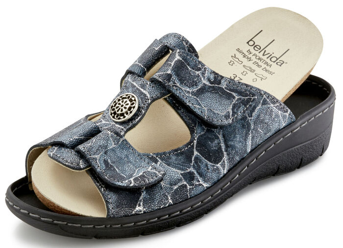 Pantolette in 2 Farben mit herausnehmbarem Leder-Kork-Fussbett, Weite H BLAU