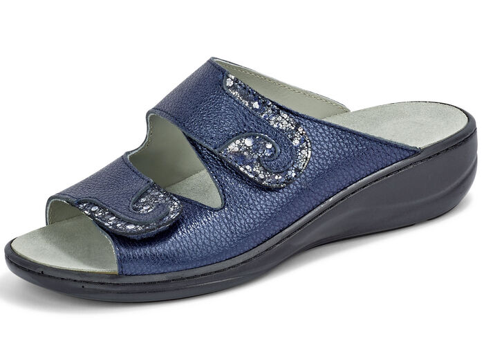 Mubb, bequeme Damen-Pantoletten, Weite H, mit herausnehmbarem Fussbett STAHLBLAU