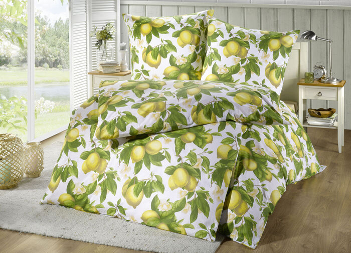 Beidseitig bedruckte Bettwäsche-Garnitur mit Zitronen-Dessin GELB