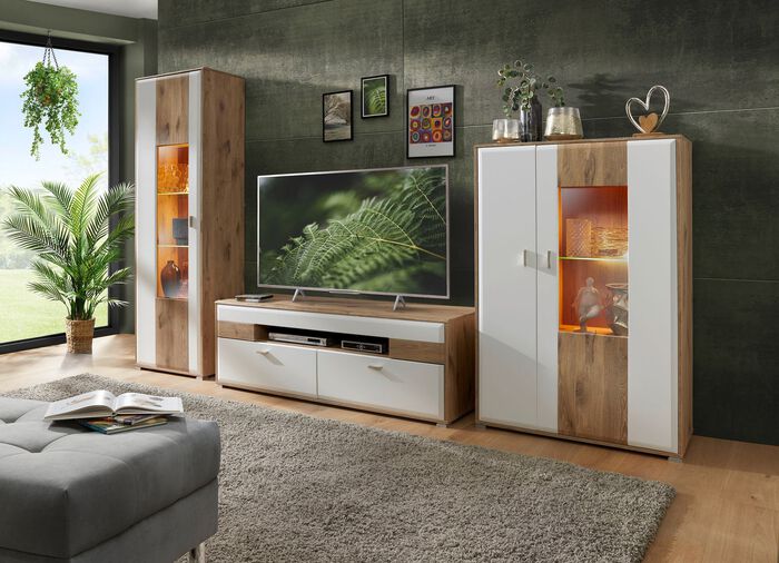 Moderne Wohnzimmerm&ouml;beln WEISS MATT - EICHE