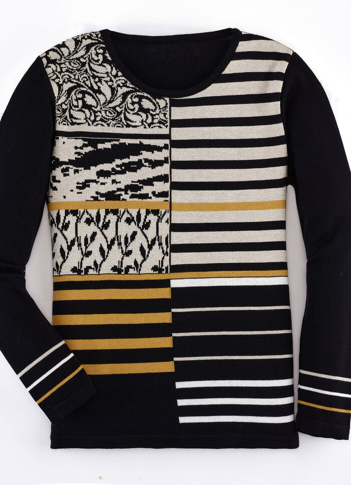 Pullover mit Intarsien SCHWARZ-BEIGE MELIERT-MESSING
