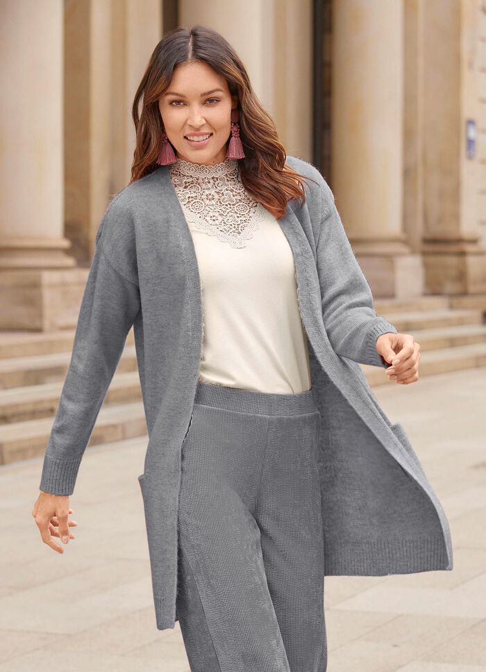 Long-Strickjacke mit eingesetzten Taschen GRAU MELIERT
