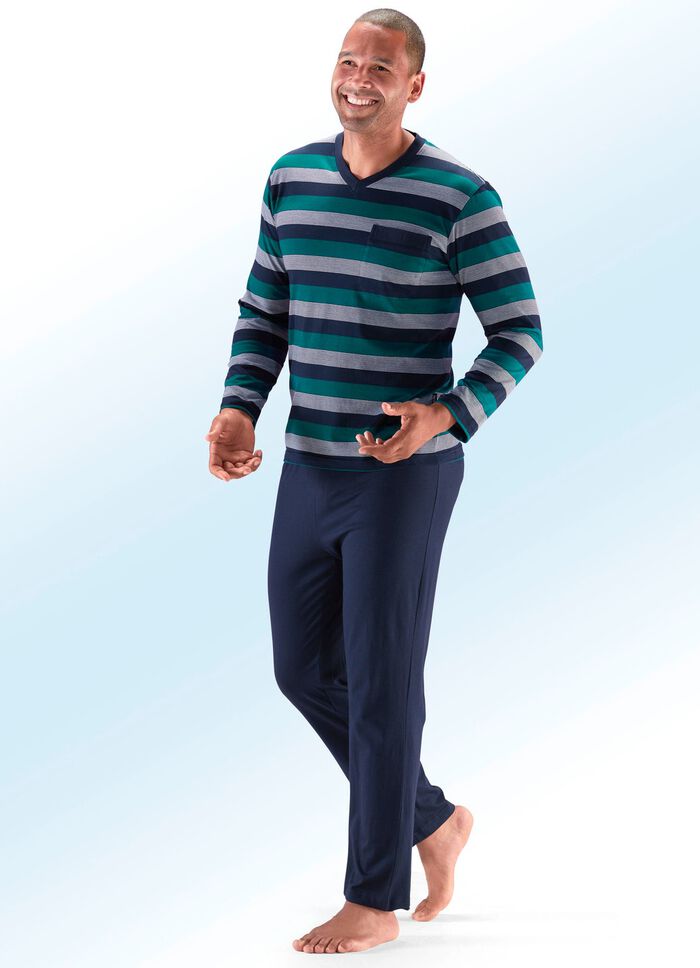 Zweierpack Pyjamas mit V-Ausschnitt, Brusttasche, garngef&auml;rbtem Ringel 