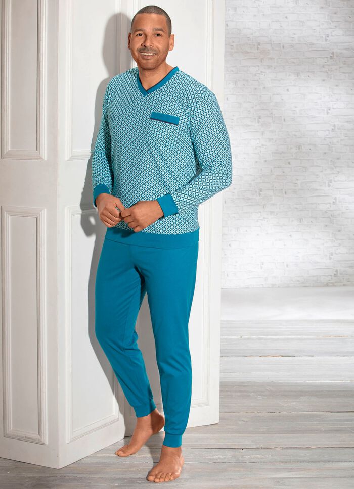 Pyjama mit V-Ausschnitt, Brusttasche und B&uuml;ndchenabschl&uuml;ssen 