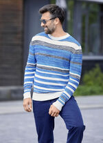 Gestreifter Rundhalspullover mit Strukturdessin TÜRKIS-GRAU-ECRU GESTREIFT