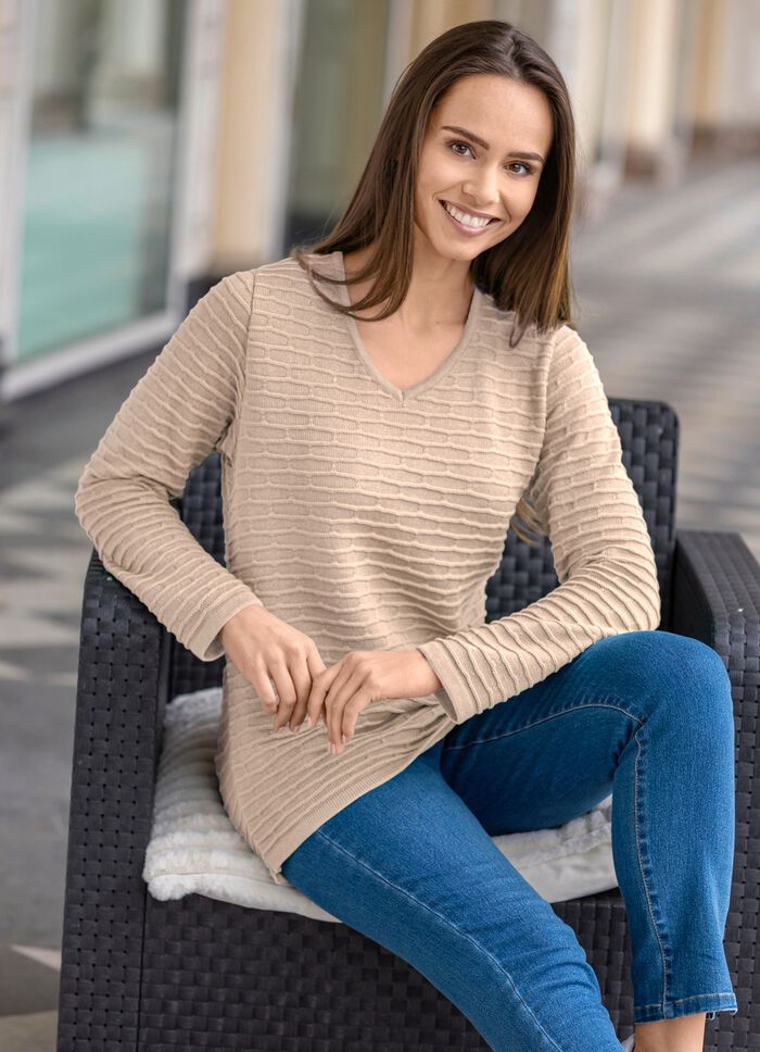 Pullover mit Strukturstreifen BEIGE-SAND