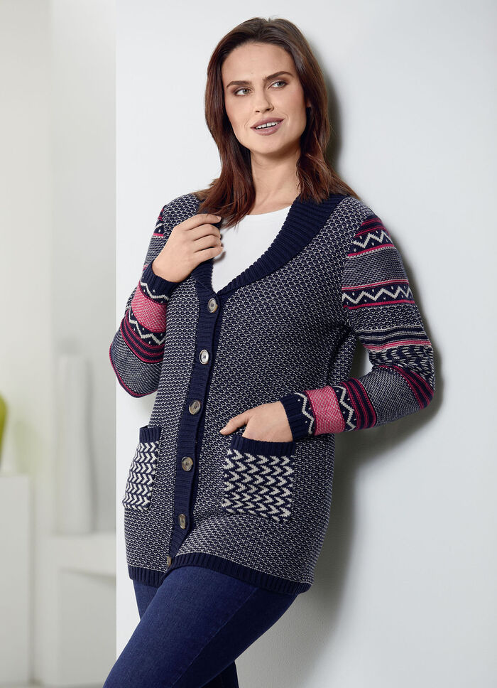Strickjacke im Mustermix MARINE-ROT-CREME