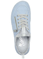 Rieker Schnürschuh aus floral bedrucktem Textilmaterial mit Metallicschimmer HELLBLAU-GRAU