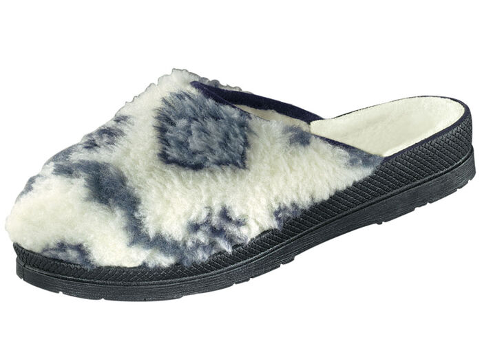 Pantoffel aus bedrucktem Plüschmaterial ECRU-BLAU