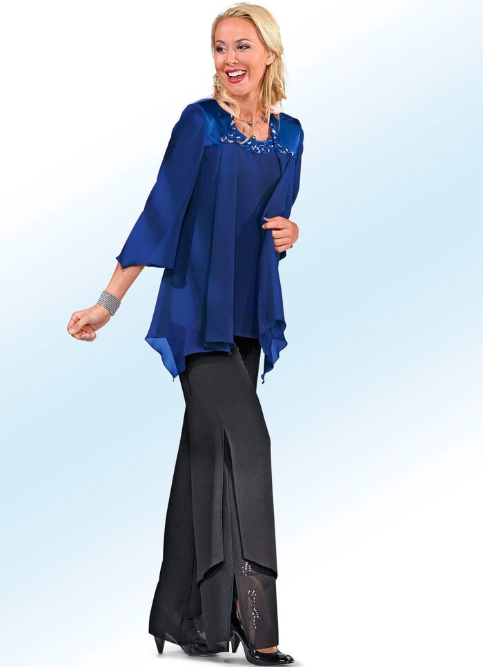 2-teiliges Blusen-Set mit gl&auml;nzendem Satin-Besatz 