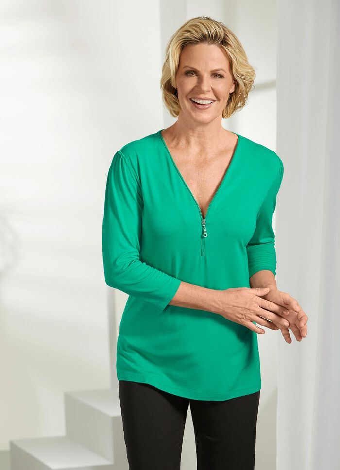 Shirt mit Reissverschluss am V-Ausschnitt in 3 Farben GRÜN