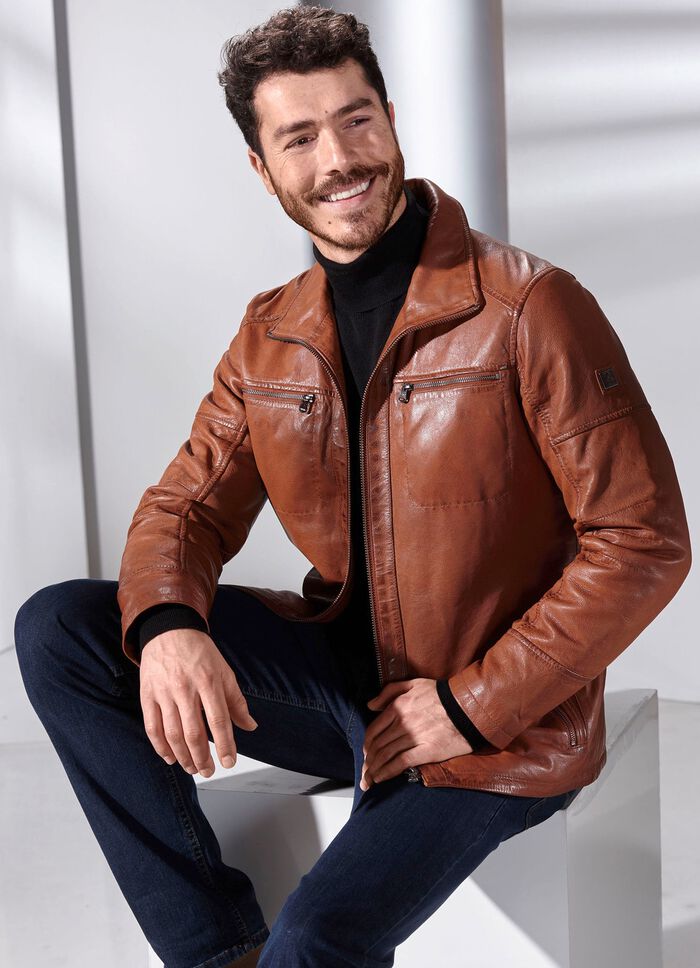 Lederkurzjacke mit Stehumlegekragen ANTIKCOGNAC