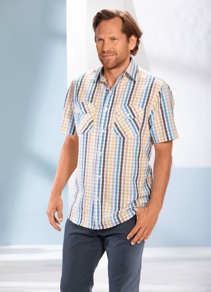 Legeres, kariertes Seersucker Hemd WEISS-AQUA-ANTHRAZIT-LIMETTE KARIERT