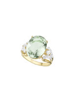 Damenring mit grünem Amethyst, Weißtopas und Diamanten 