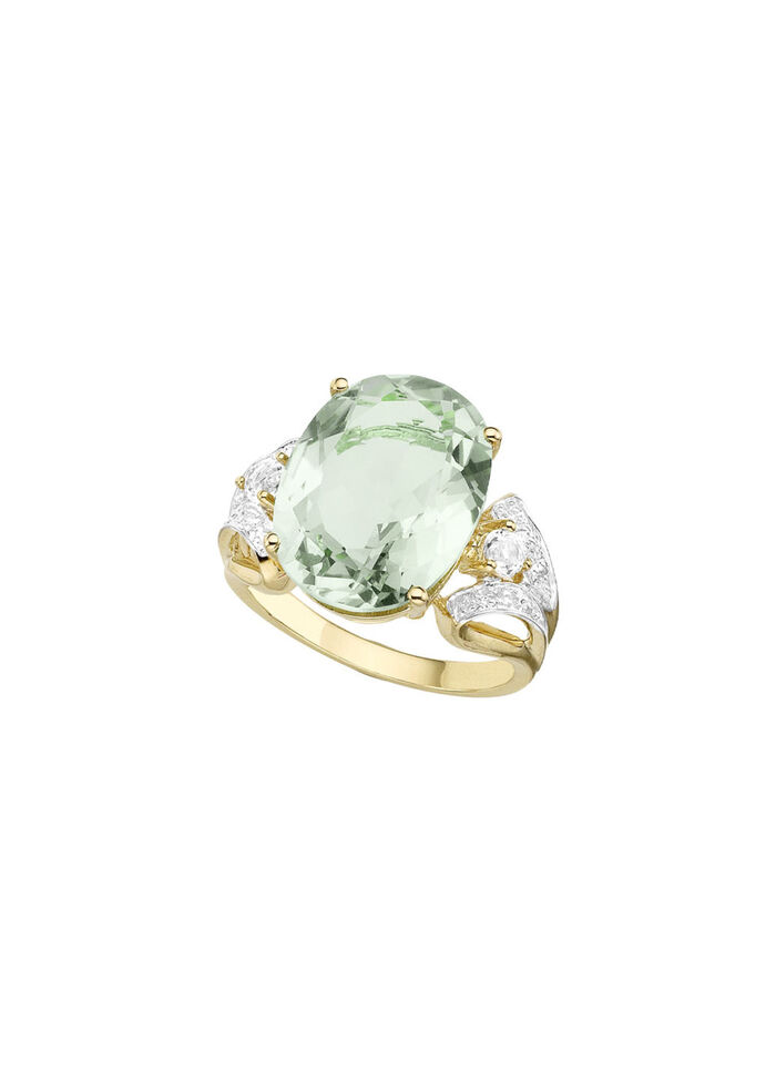 Damenring mit grünem Amethyst, Weißtopas und Diamanten 