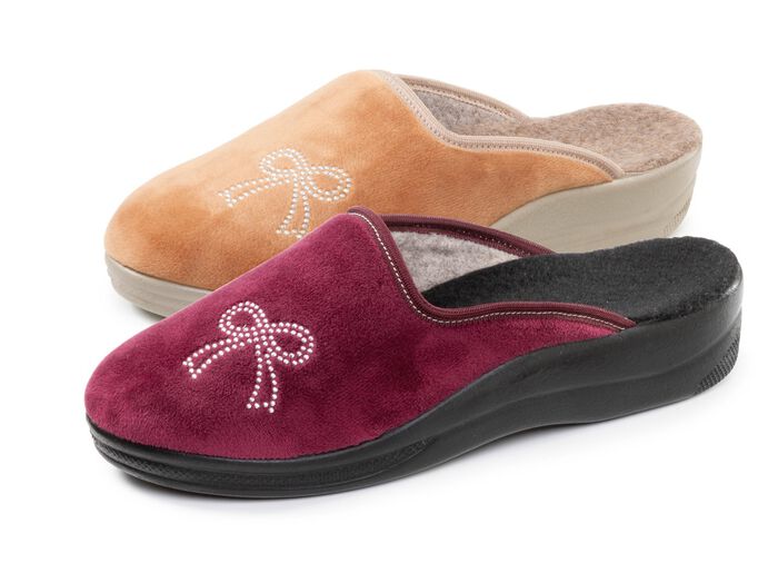 Zweierpack, klassische Damen-Hausschuhe, Weite G, mit funkelnden Glitzersteinchen 1X BORDEAUX, 1X CAMEL