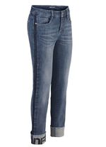 Jeans mit Fransensaum und Schriftzug auf einem Bein 