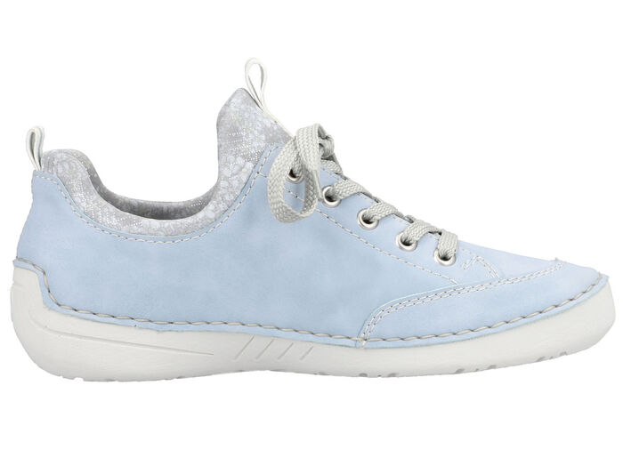 Rieker Schnürschuh aus floral bedrucktem Textilmaterial mit Metallicschimmer HELLBLAU-GRAU