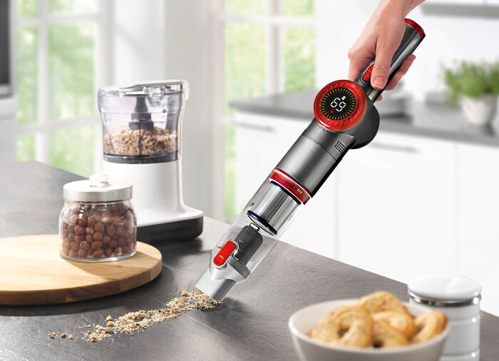 2-in-1 Akku-Hand- und Bodenstaubsauger "MX14 max" mit umfangreichem Zubeh&ouml;r SILBER-ROT