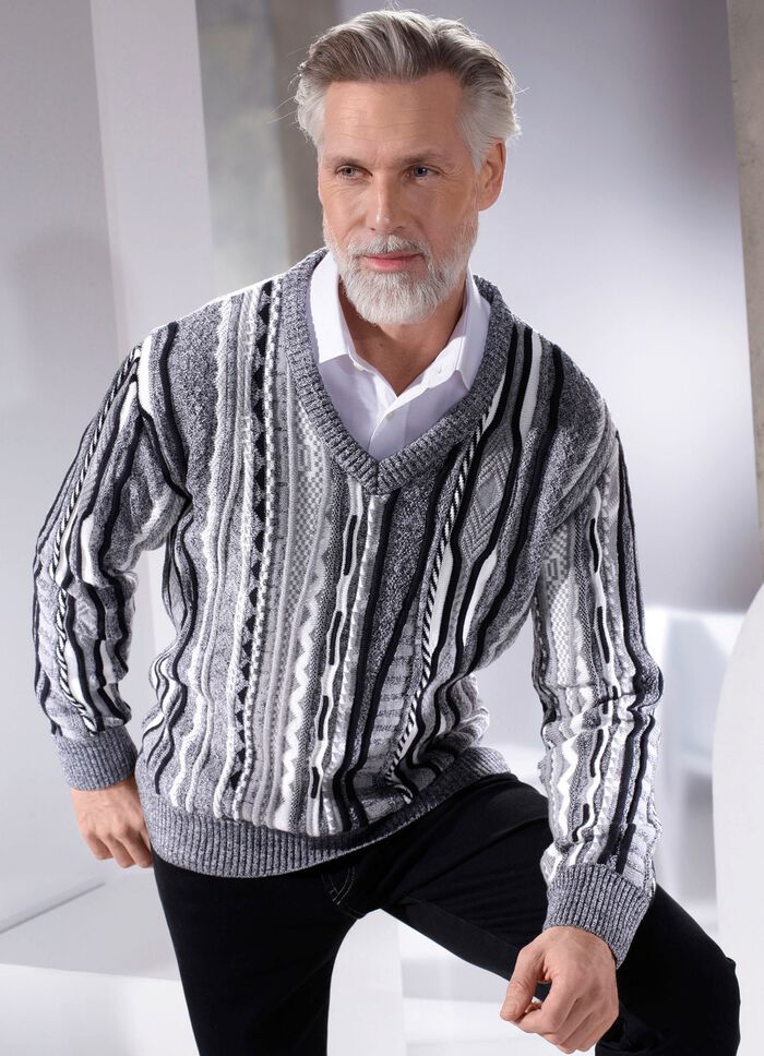 Pullover mit V-Ausschnitt GRAU MELIERT-WEISS-SCHWARZ