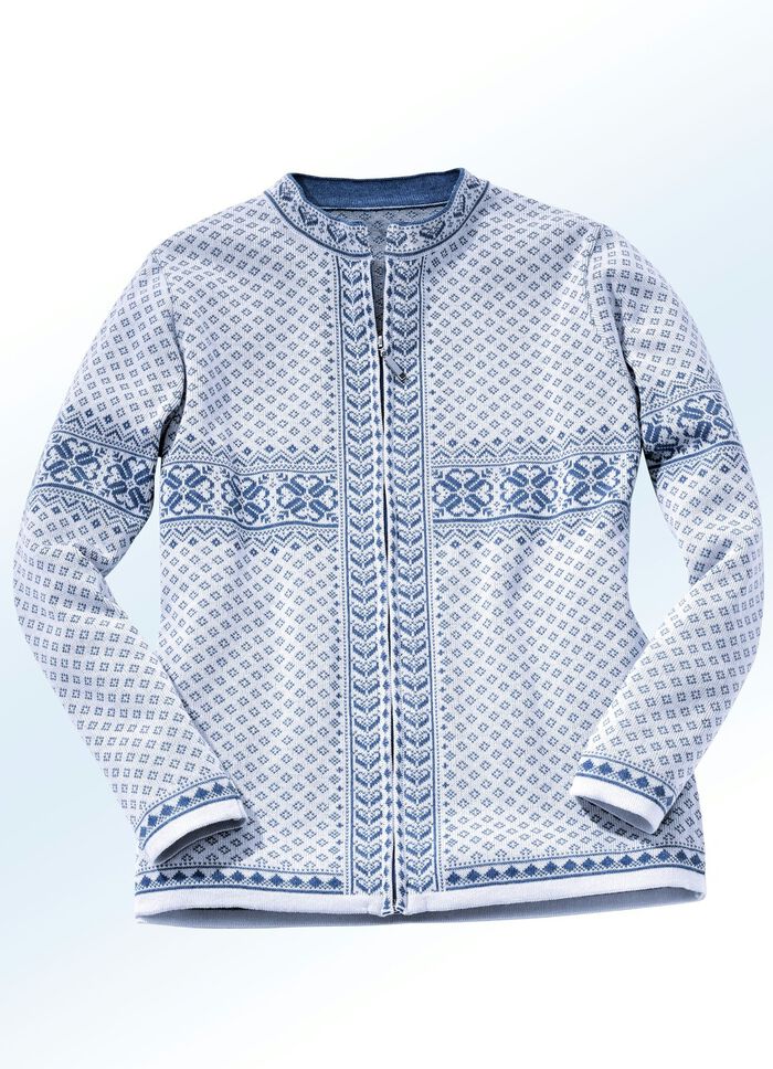 Strickjacke in Jacquard-Dessin ECRU-JEANSBLAU