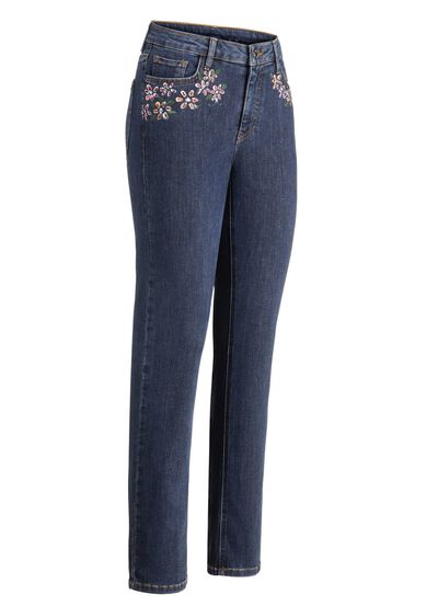 Jeans mit handbemalten, floralen Motiven 