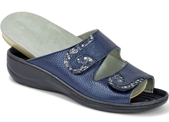 Mubb, bequeme Damen-Pantoletten, Weite H, mit herausnehmbarem Fussbett STAHLBLAU