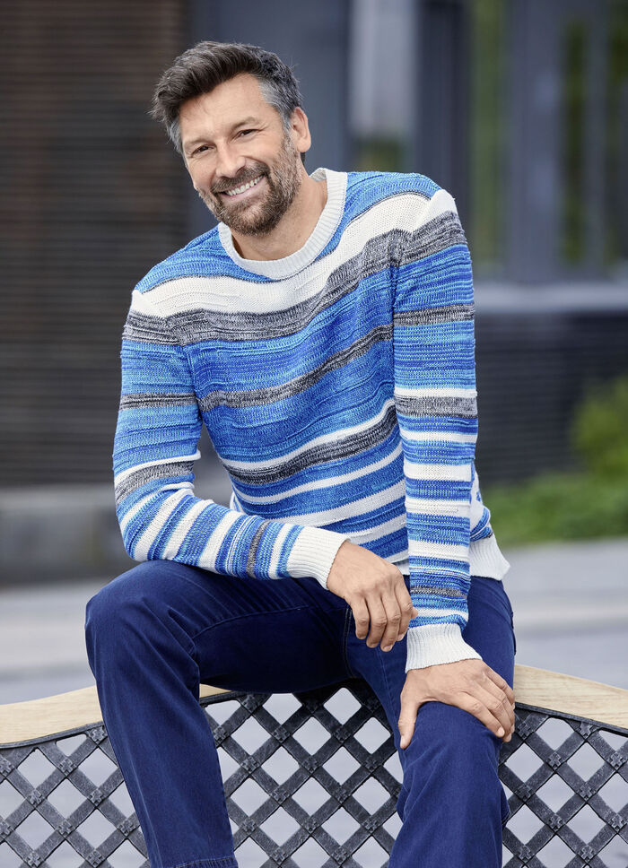 Gestreifter Rundhalspullover mit Strukturdessin TÜRKIS-GRAU-ECRU GESTREIFT