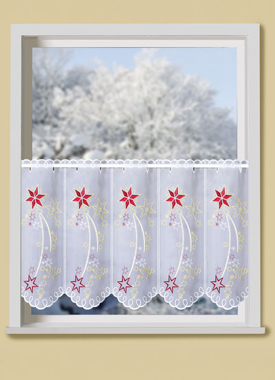 Kurzvorhang mit echter Plauener Stickerei und metallisiertem Garn 