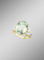 Damenring mit grünem Amethyst, Weißtopas und Diamanten 