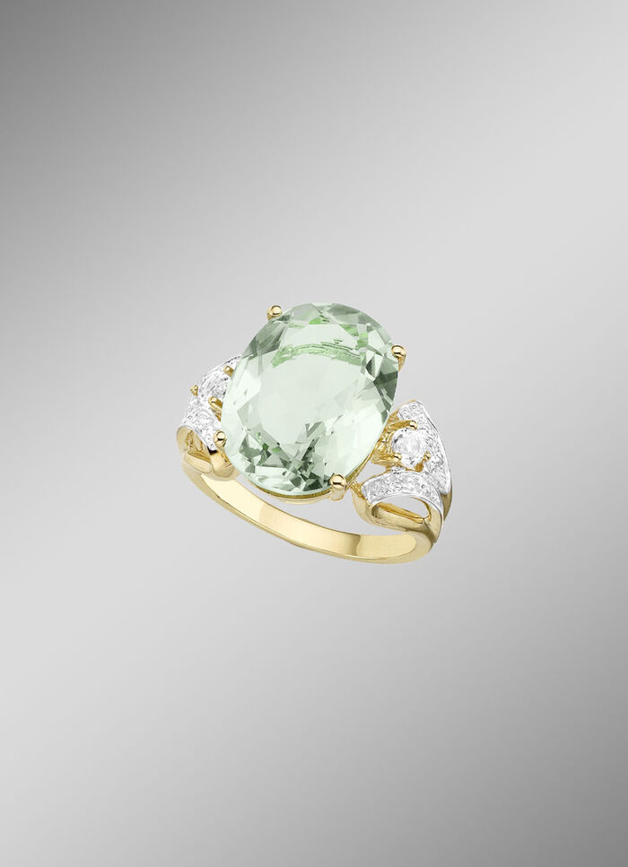 Damenring mit grünem Amethyst, Weißtopas und Diamanten 